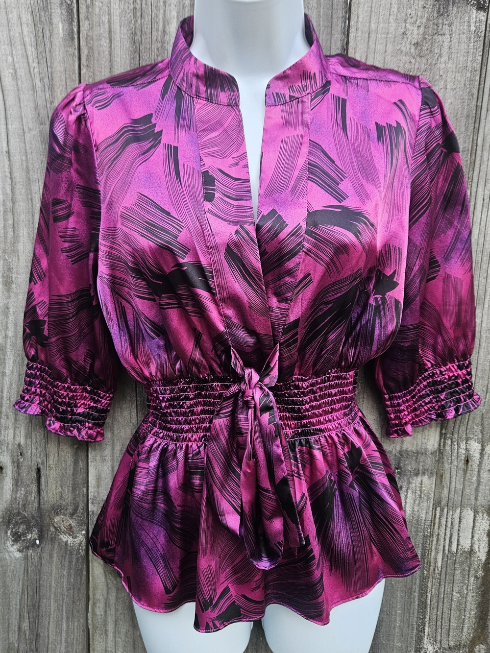 BCBGMaxAzria Magenta and Black Brushstroke Tie-Waist Blouse